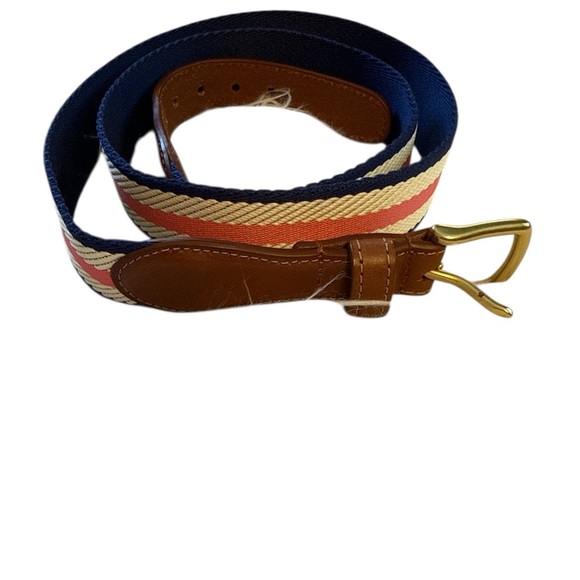 Brown and Pink Striped Leather Belt with Brass Buckle - Picture 2 of 4